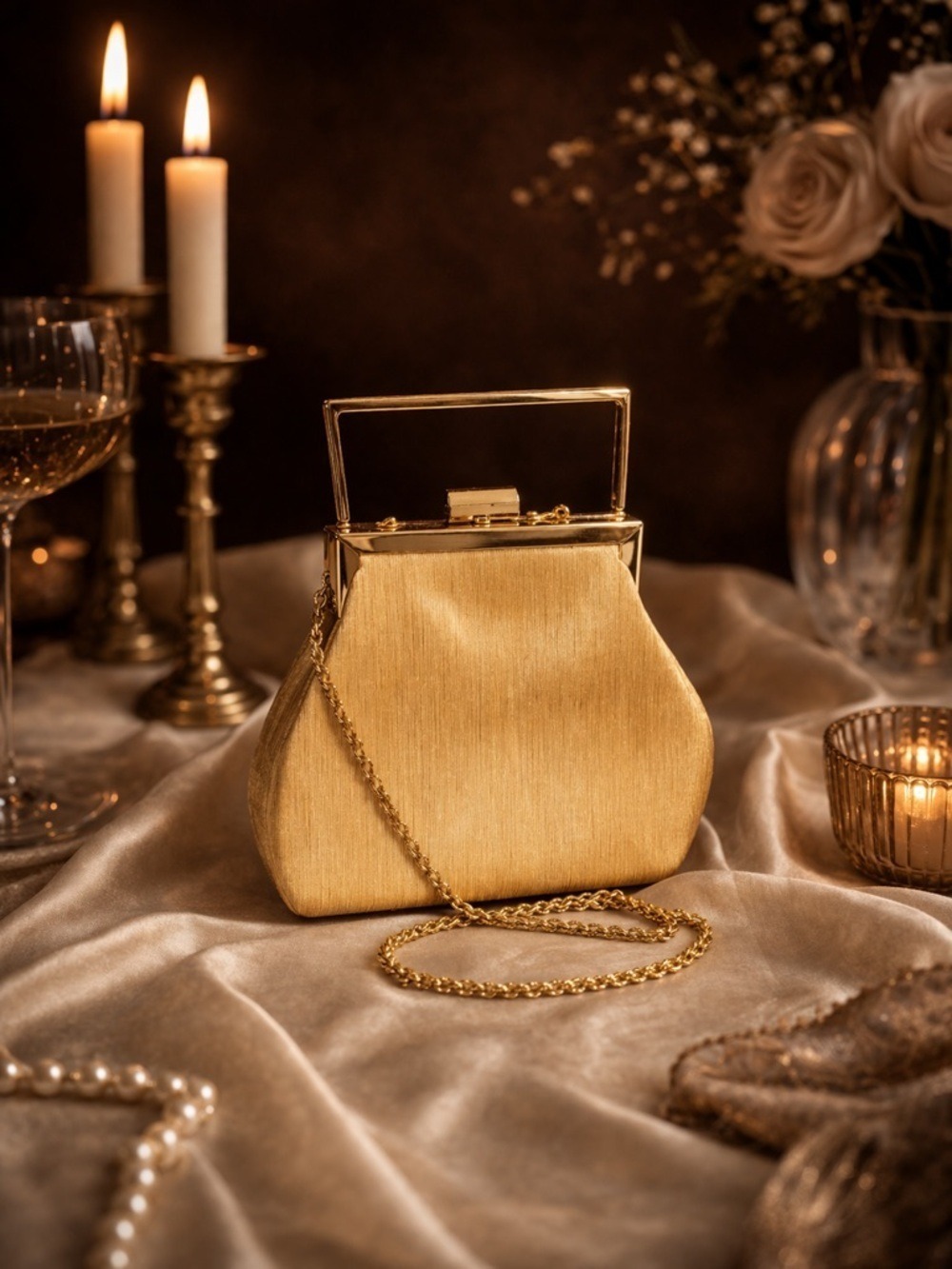 Vintage Gold Evening Clutch ✧ Structured Frame Bag ✧ Gold Strap ✧ Timeless Glam